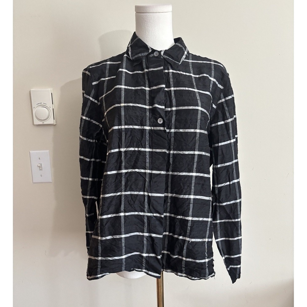 Vintage Y2K 100% Silk Button‎ Up Shirt Coldwater Creek Black White Minimalist Sm